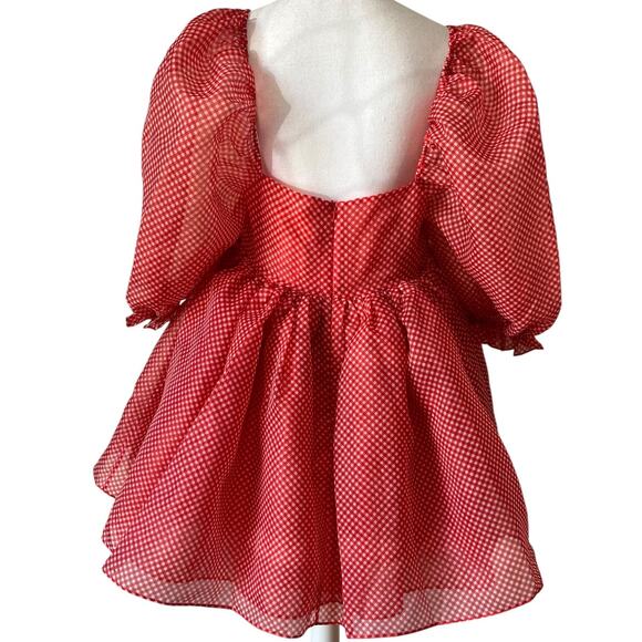 Selkie The Baby Gingham Puff Dress Sleeve Check Red Mini Princess Size L - Picture 8 of 10